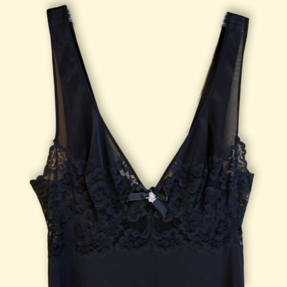 60s Goth Witchy Black Lace Nylon Nightgown Pink Flower Bow Detail